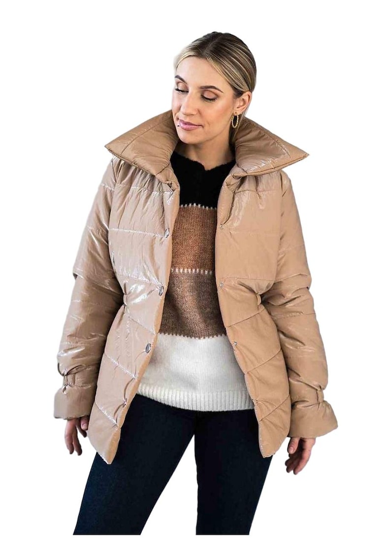 Geaca  matlasata - cu guler ridicat - poliester - bej