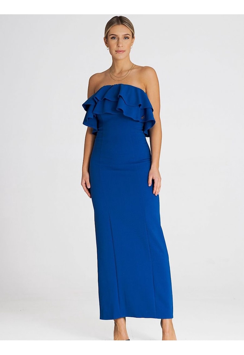 Rochie maxi eleganta - volane duble - albastru - elastan - poliester - viscoza Rochie maxi eleganta - volane duble - albastru - elastan - poliester - viscoza