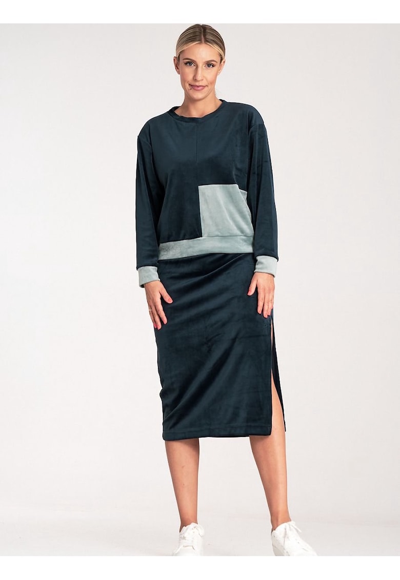 Set bluza bicolor cu maneci lungi - fusta creion cu fanta - Bleumarin
