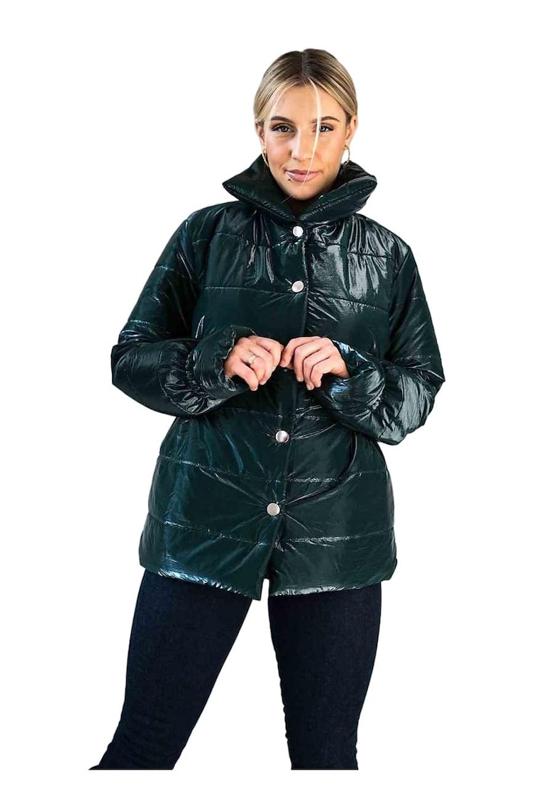 Geaca  matlasata - cu guler ridicat - talie si maneci elastice - poliester - verde