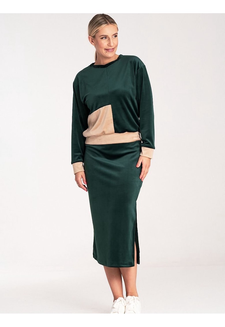 Set velur bluza cu maneci lungi si fusta creion - verde - poliester