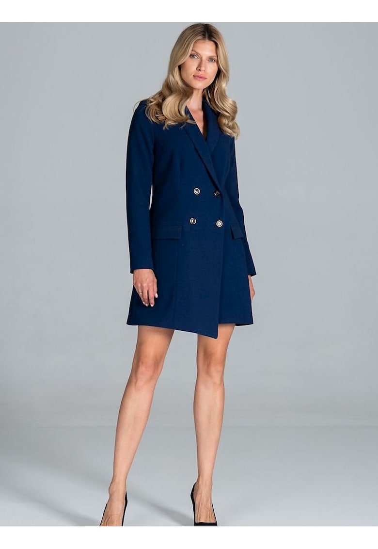 Rochie jacheta albastru bleumarin - cu maneci lungi - captusita - buzunare frontale - viscoza - poliester