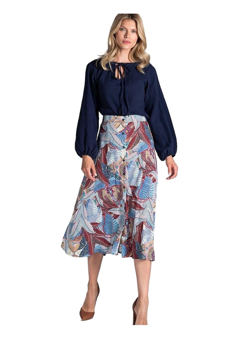 Fusta midi  trapez - nasturi fata - multicolor - viscoza 100% - Fusta midi  trapez - nasturi fata - multicolor - viscoza 100% -