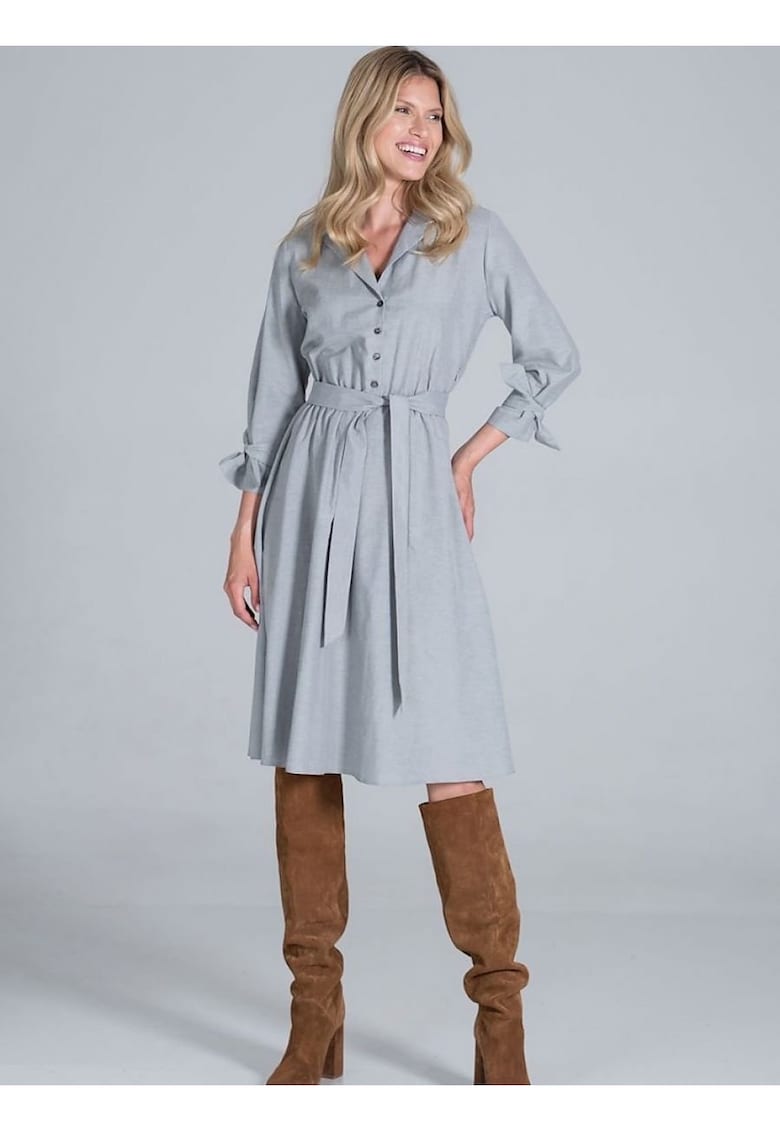 Rochie midi  de zi - gri - cu decolteu in V - maneci 7/8 - din bumbac si poliester