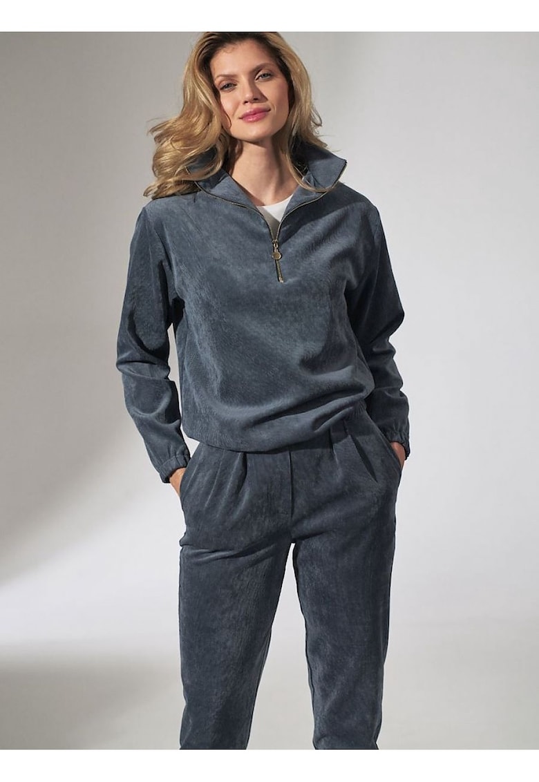 Pulover dama  albastru - poliester - guler din catifea - maneci lungi - banda elastica