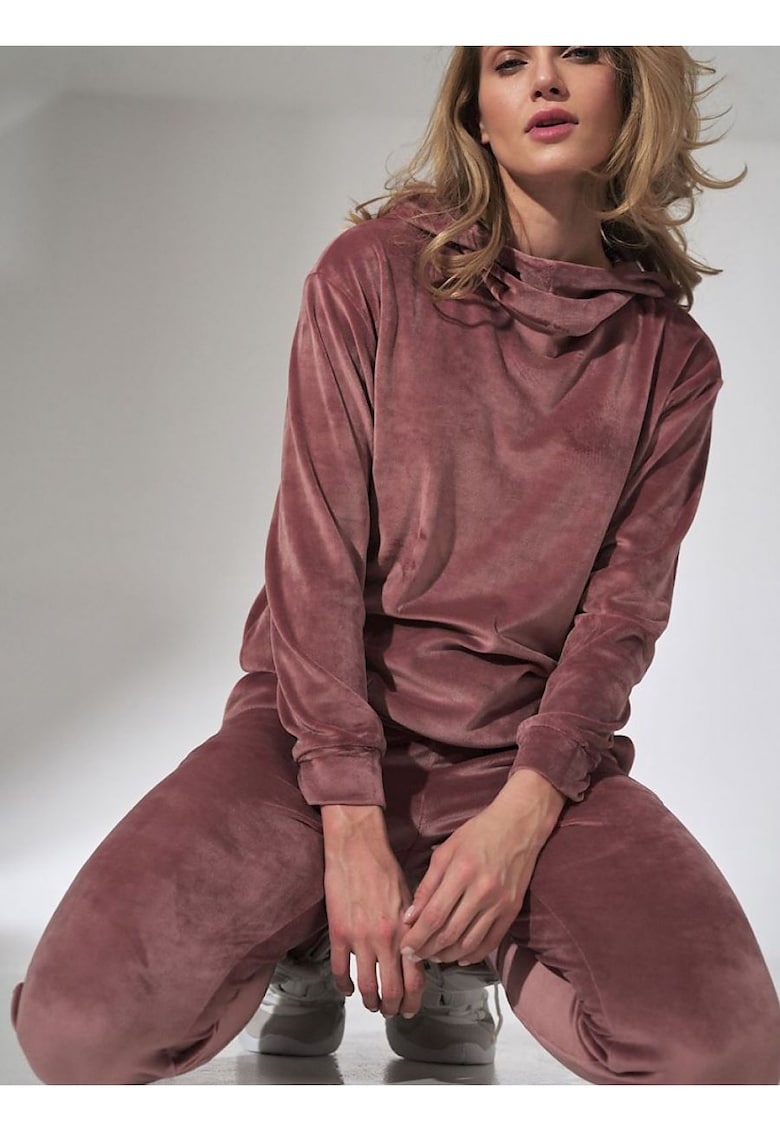 Pulover dama roz - velur - cu gluga - maneci lungi - guler ridicat - poliester - Pulover dama roz - velur - cu gluga - maneci lungi - guler ridicat - poliester -