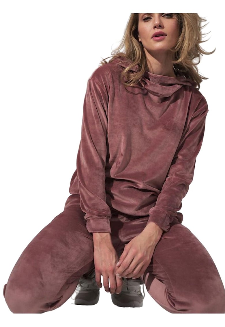 Hanorac dama roz - velur - cu gluga - maneci lungi - guler ridicat