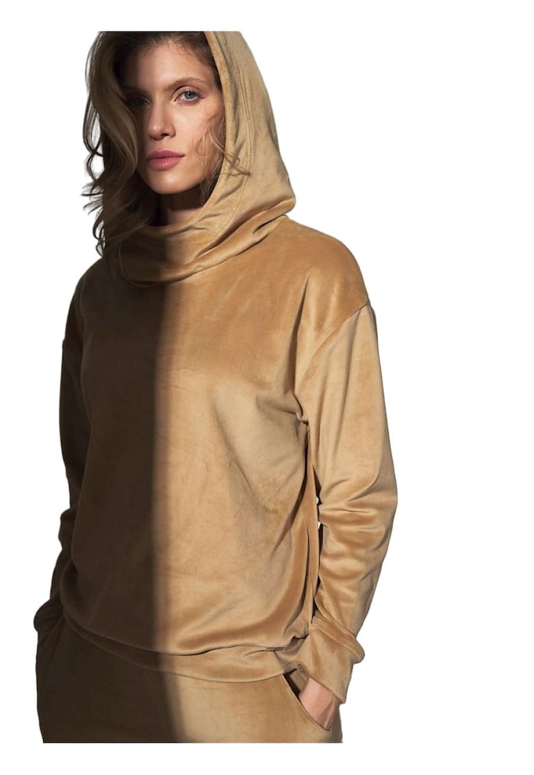 Hanorac dama bej - din velur - cu gluga - guler ridicat