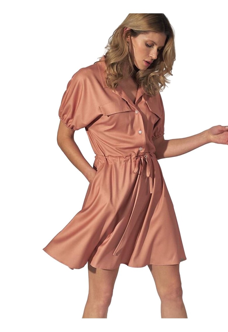 Rochie mini portocalie - guler - maneci elastice - buzunare - material elastic - viscoza