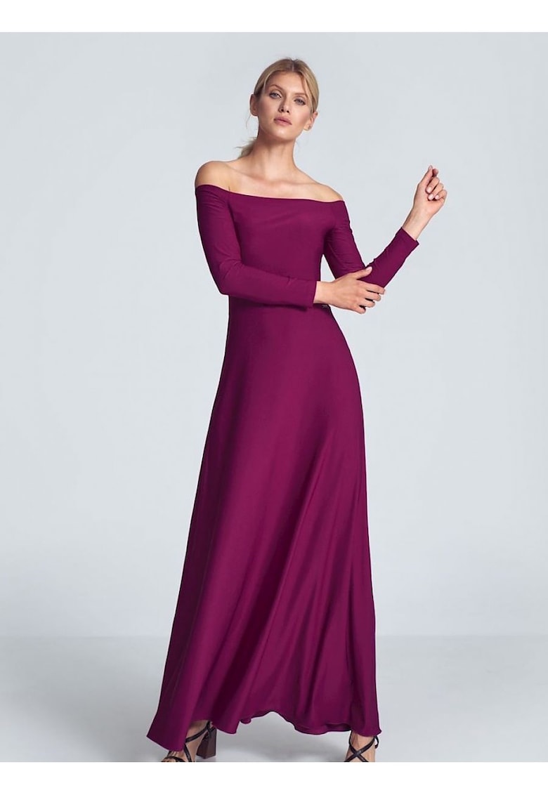 Rochie maxi fuchsia - cu maneci lungi - decolteu mare - pliuri la piept - elastan 5% - poliester 95%