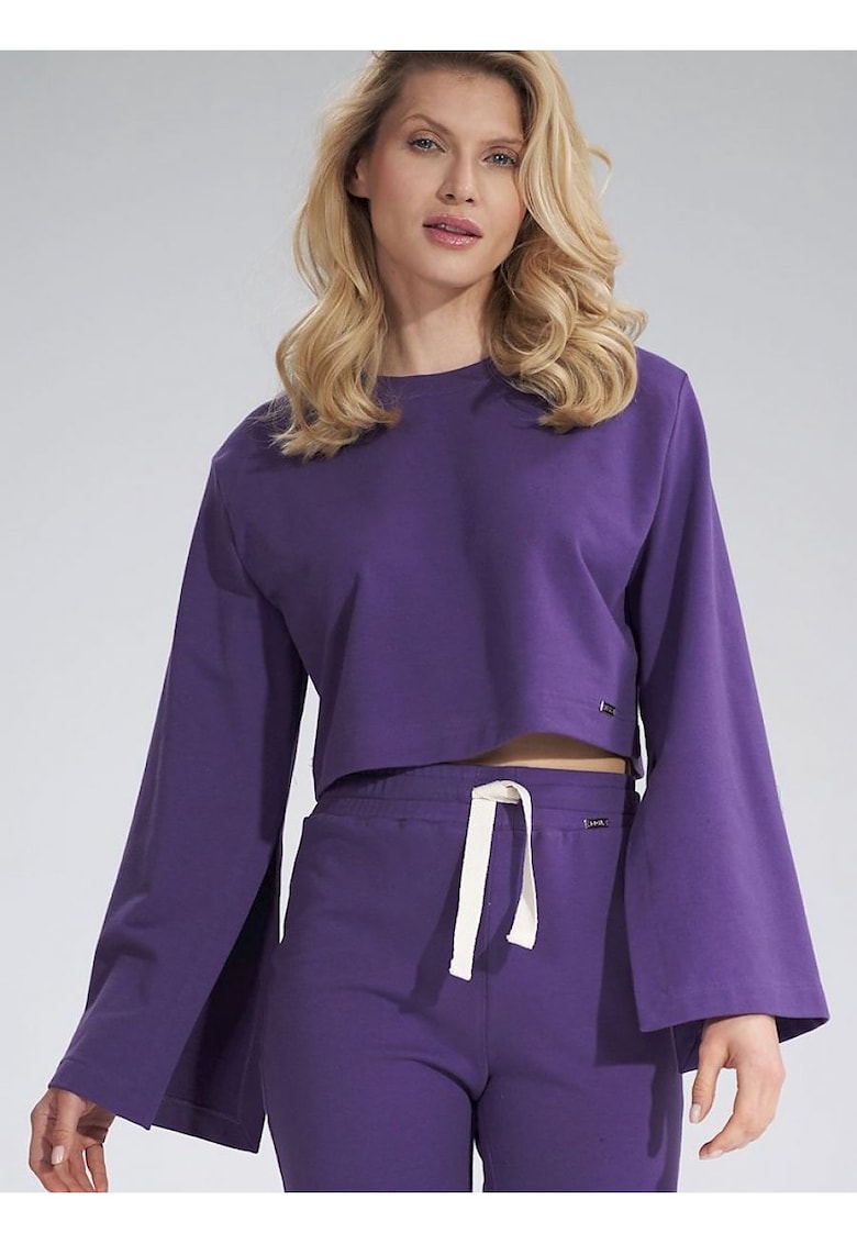 Hanorac  scurt - violet - bumbac - maneci cu fante largi -