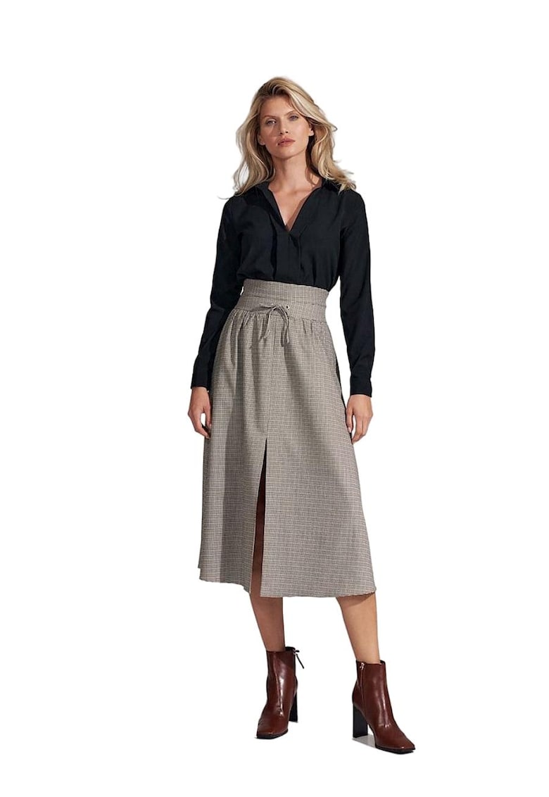 Fusta lunga - plisata - talie inalta - gri - nylon si poliester -