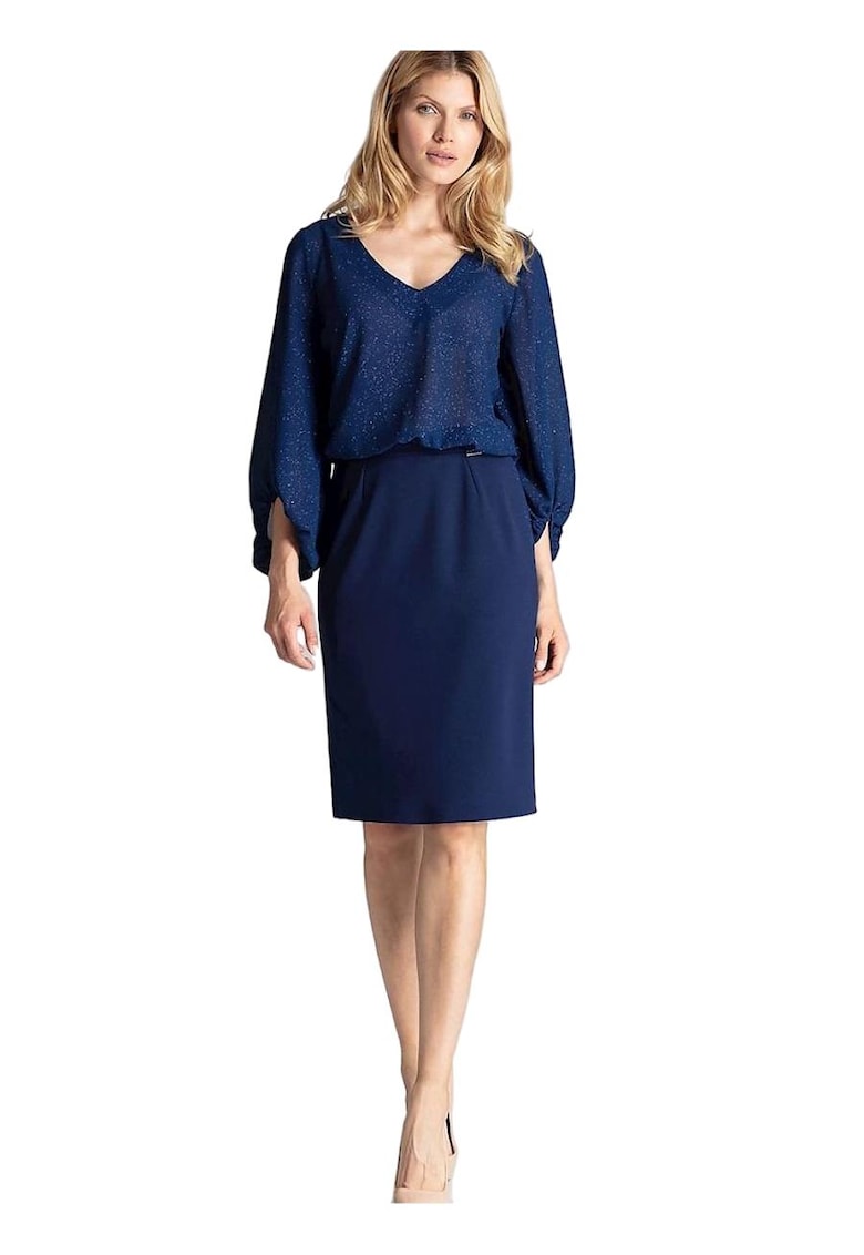 Fusta creion midi bleumarin - brocart laminat - fara captuseala - fanta pe spate - poliester