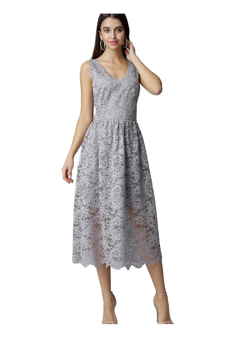 Rochie de seara lunga din dantela - gri - fara maneci - cu decolteu elegant - captusita - poliester
