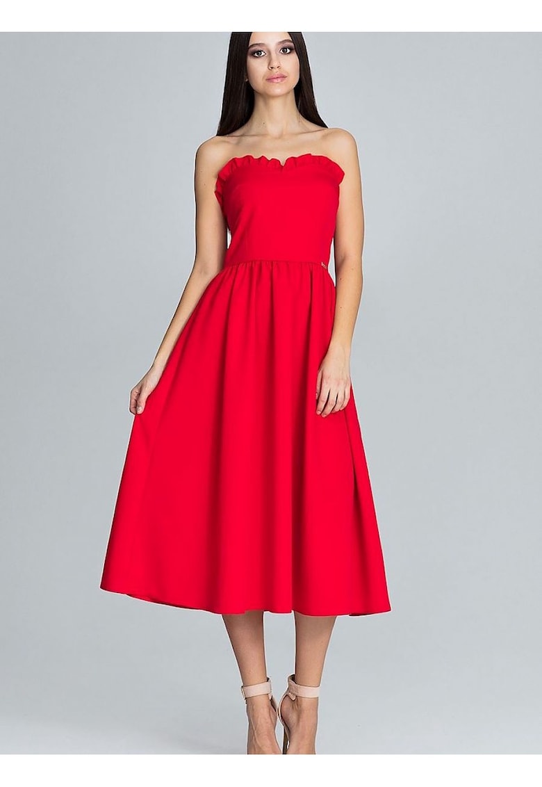 Rochie de seara  rosie - cu corset si volane - din poliester si viscoza