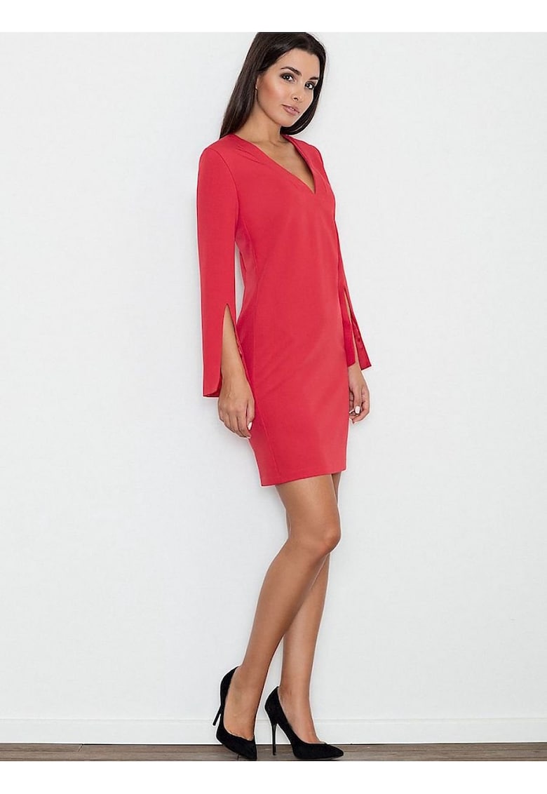 Rochie  eleganta - croiala dreapta - maneci cu fante - rosu - poliester-viscosa