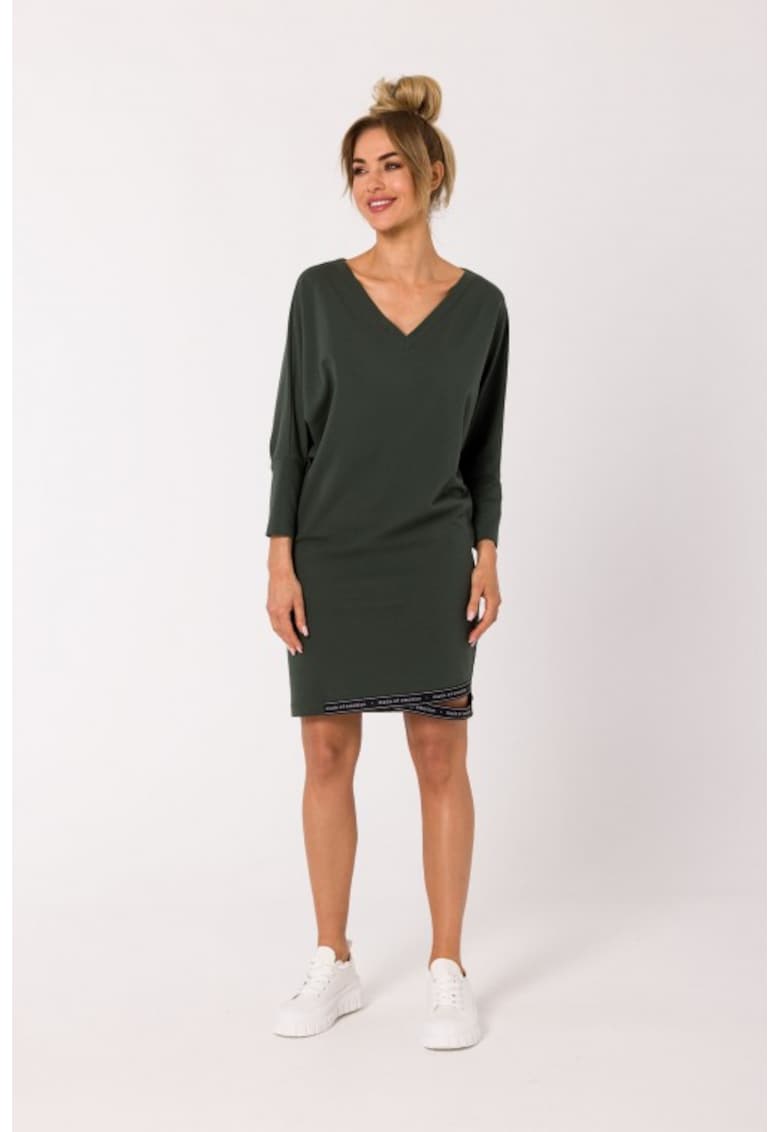 Rochie din bumbac cu bordura si decolteu in V -