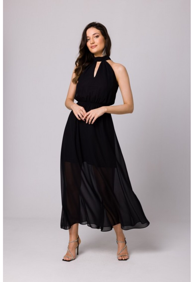 Rochie din sifon cu legaturi in jurul gatului - Negru