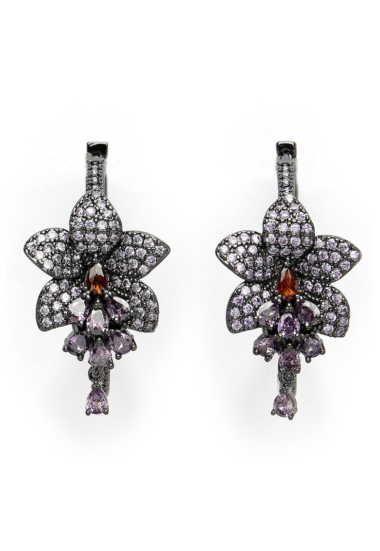 Cercei rotunzi cu elemente florale - Violet/Argintiu inchis