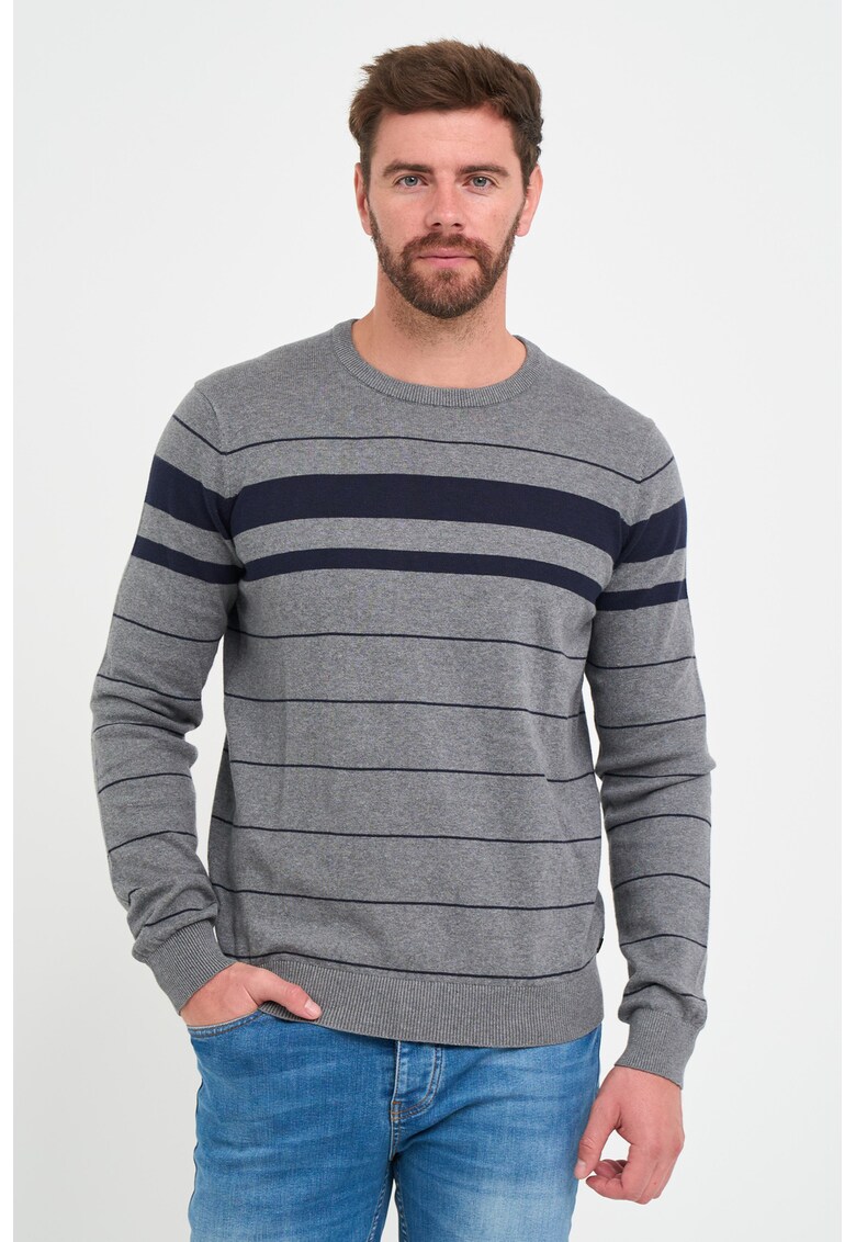 Pulover cu decolteu la baza gatului si model in dungi - Gri melange
