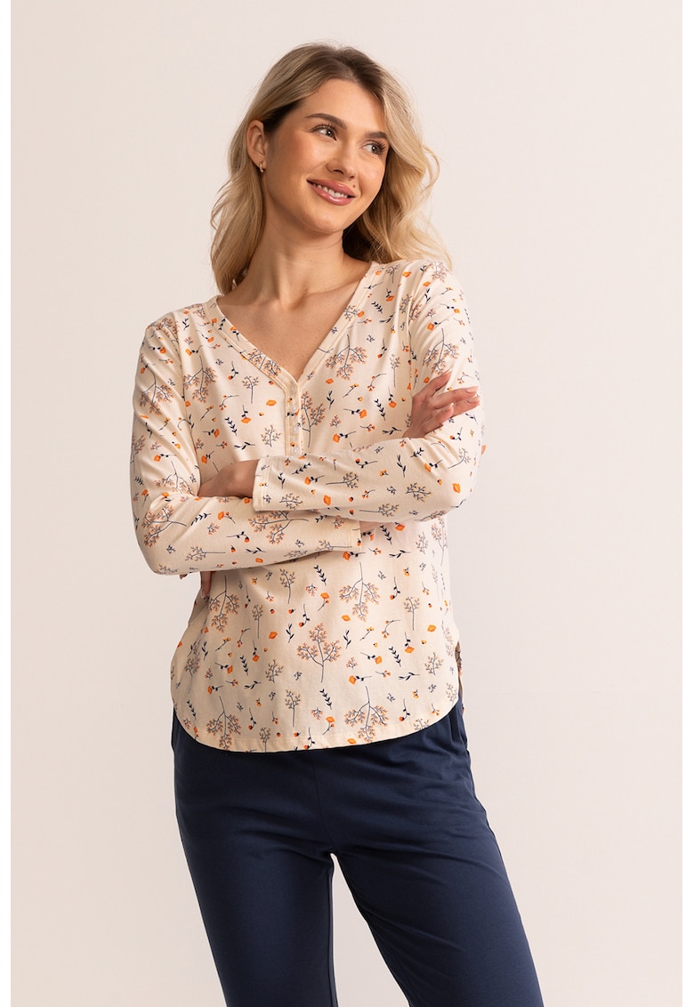 Pijama de bumbac cu imprimeu si pantaloni lungi