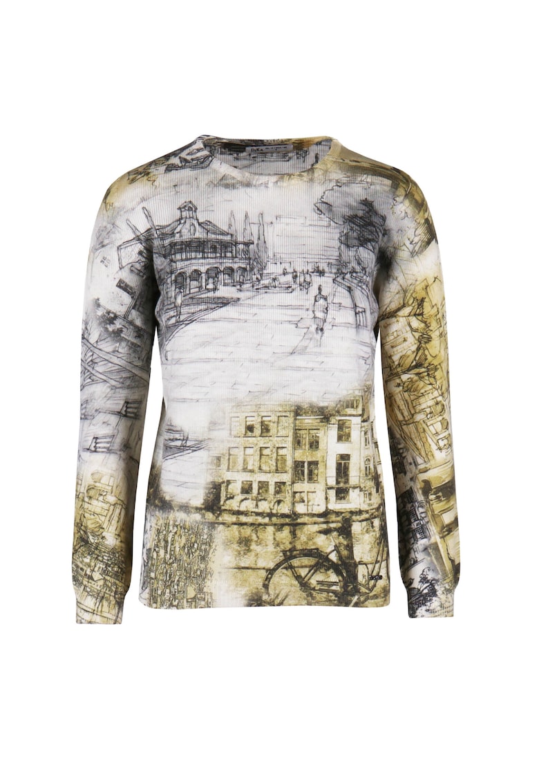 Pulover cu imprimeu grafic si decolteu la baza gatului - Multicolor