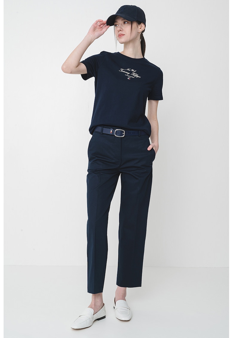 Tricou de bumbac cu decolteu la baza gatului si logo - Bleumarin