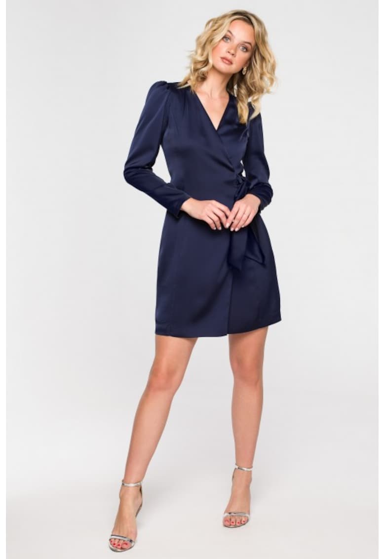 Rochie cu croiala petrecuta cu maneca lunga - - Albastru