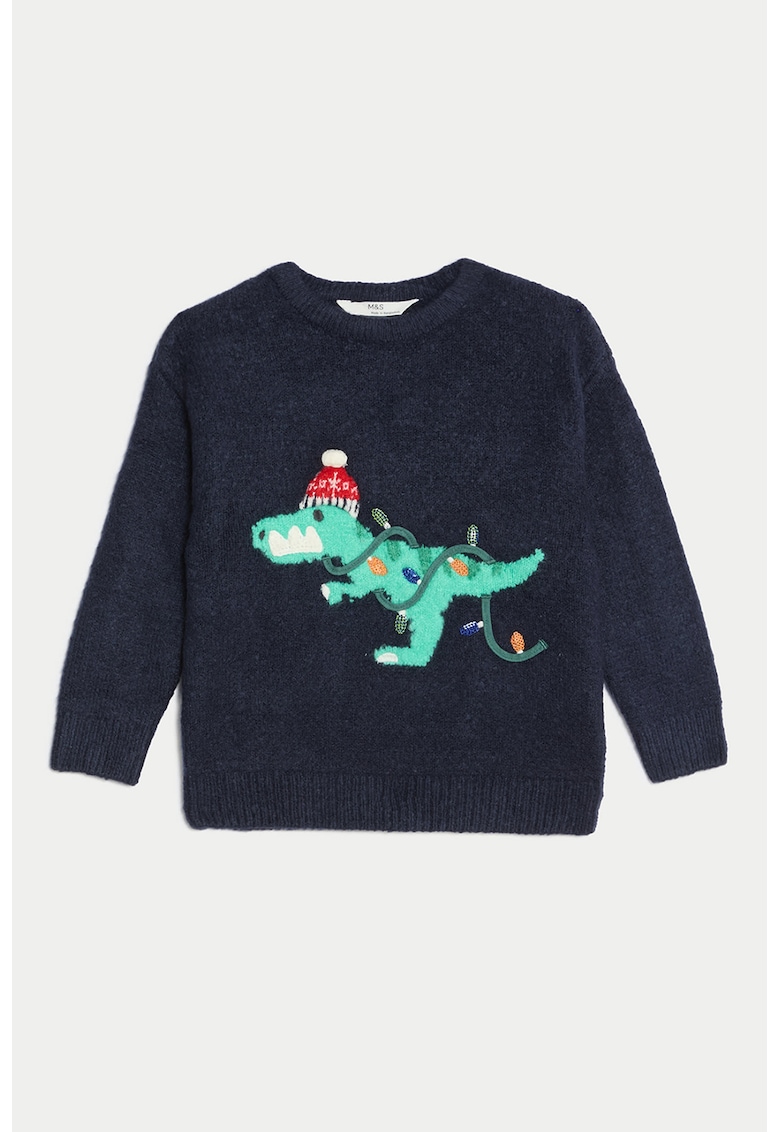 Pulover tricotat cu dinozaur brodat - Verde/Albastru ultramarin