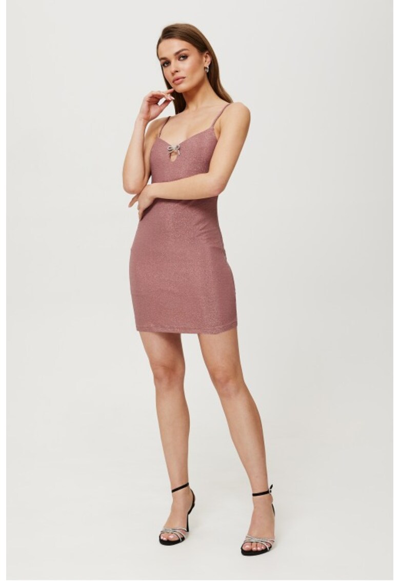 Rochie mini metalica cu decoratiuni la decolteu -