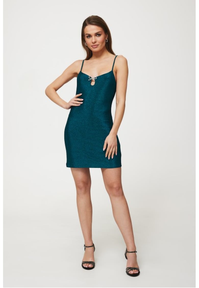 Rochie mini metalica cu decoratiuni la decolteu -