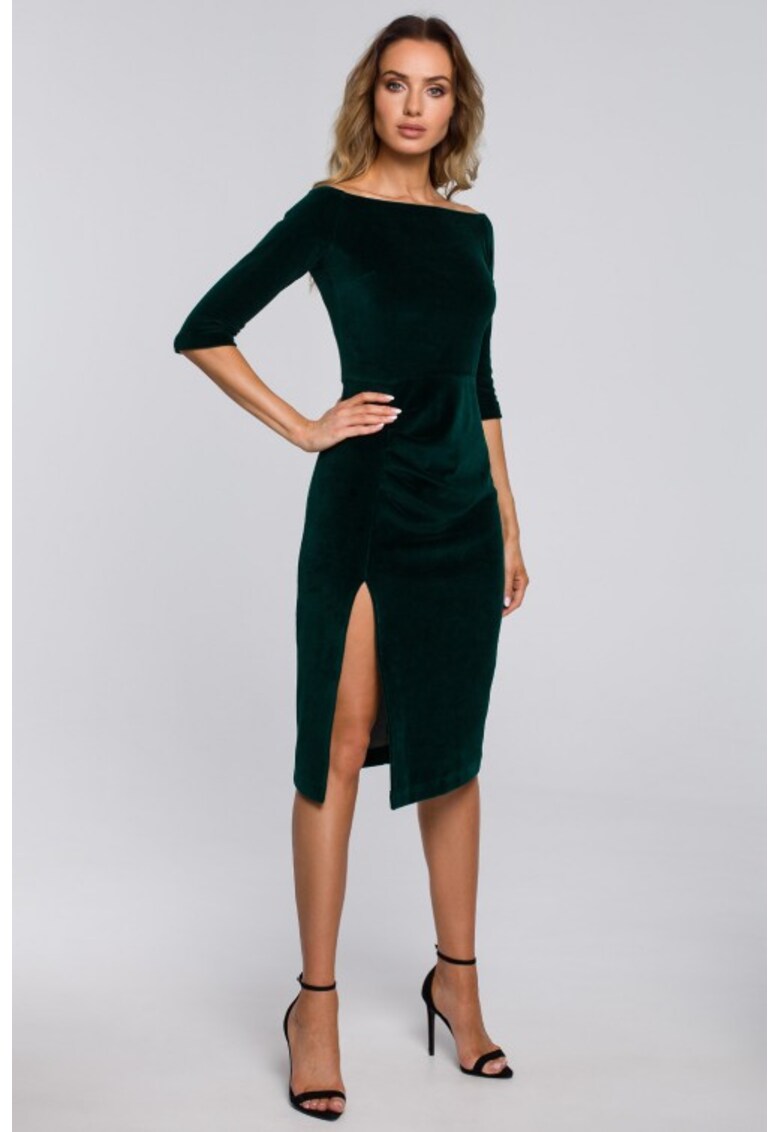 Rochie midi din catifea cu decolteu barcuta si deschidere laterala - Verde