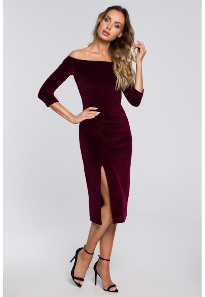 Rochie midi din catifea cu decolteu barcuta si deschidere laterala - - Rosu