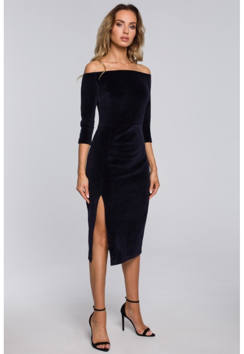 Rochie midi din catifea cu decolteu barcuta si deschidere laterala - Albastru