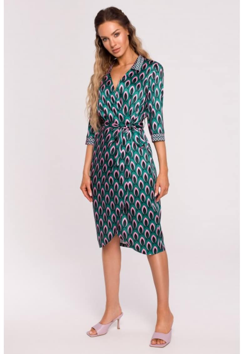 Rochie din satin imprimata cu maneci 3/4 - Multicolor