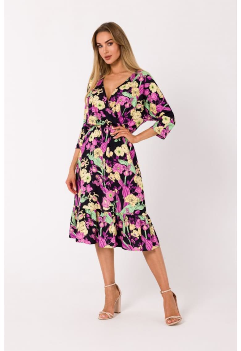 Rochie imprimata cu model floral si decolteu cache-coeur -