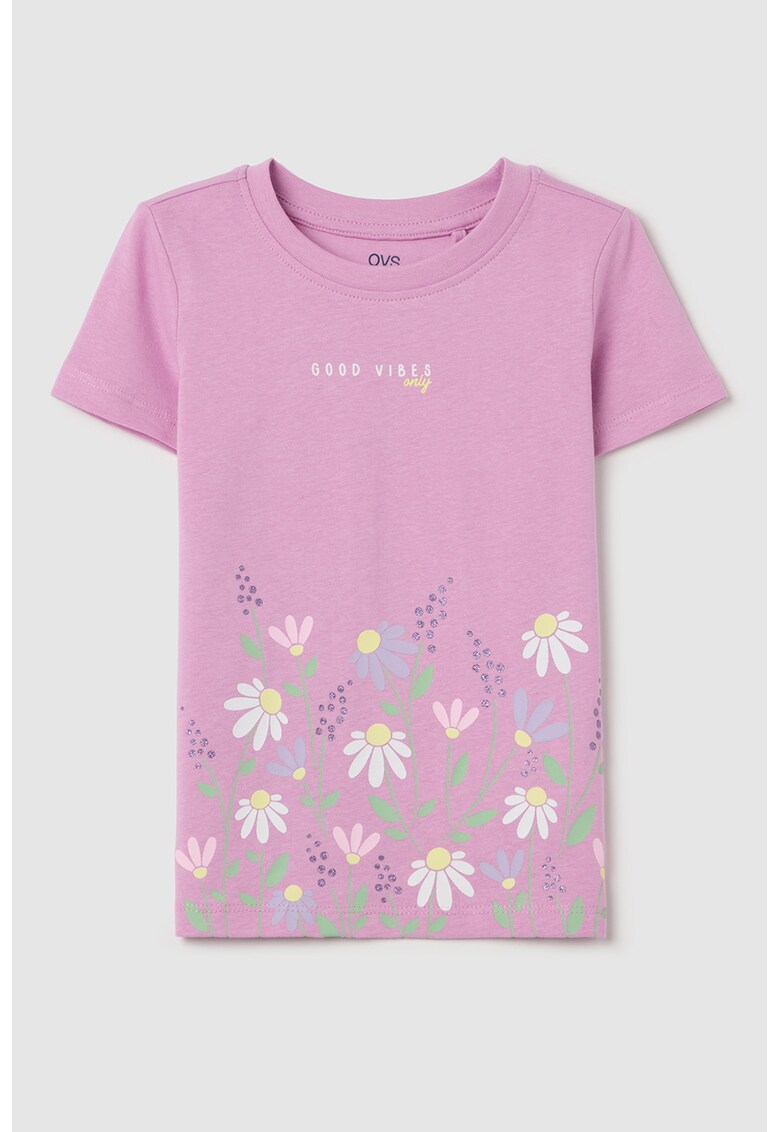 Tricou cu imprimeu si decolteu la baza gatului - Alb/Galben/Roz fandango