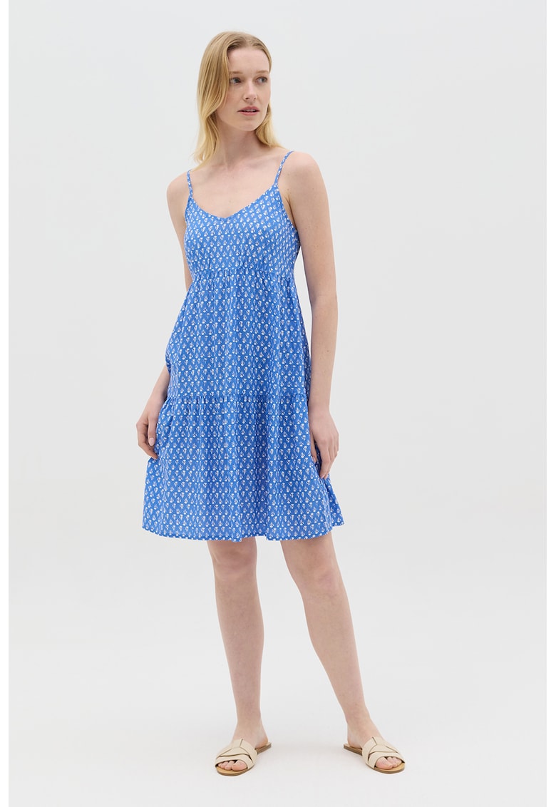 Rochie evazata cu decolteu in V - Alb/Albastru