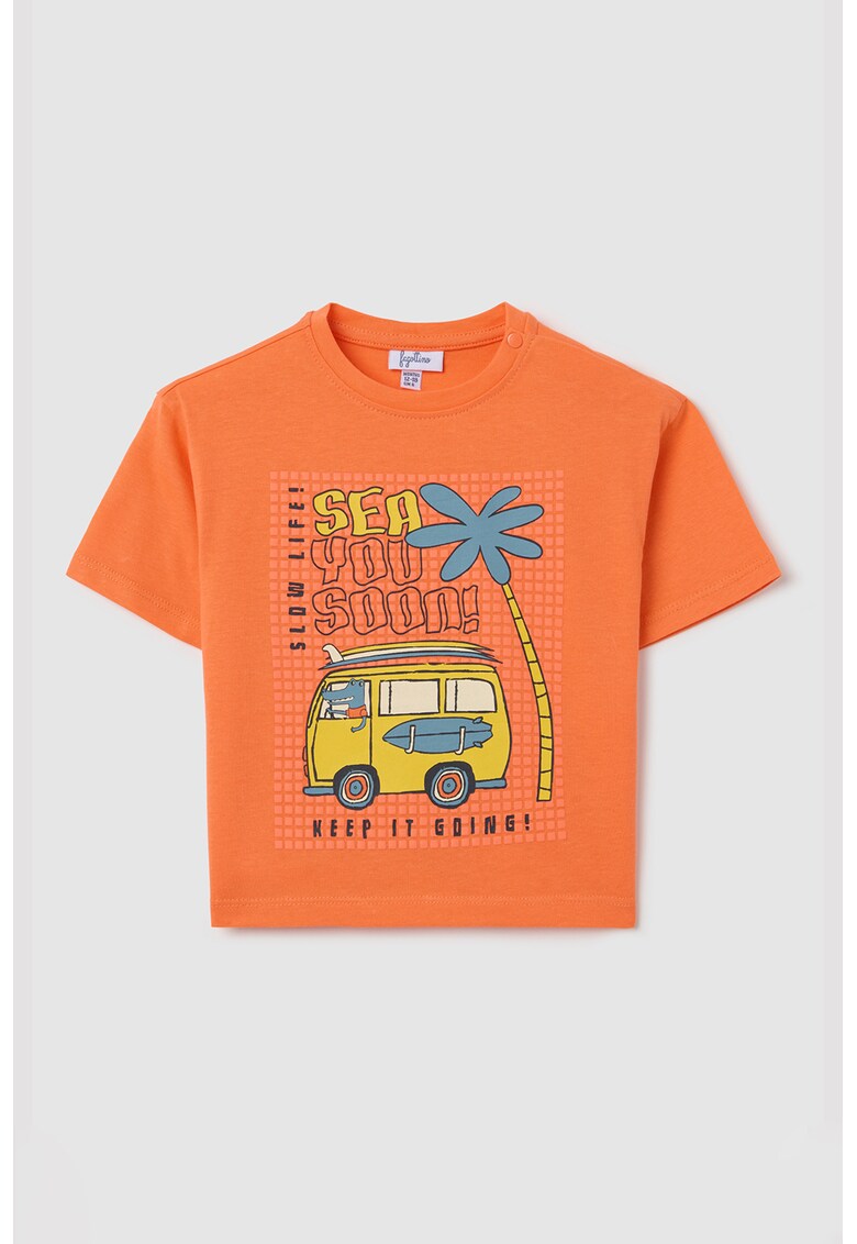 Tricou cu imprimeu si decolteu la baza gatului - Galben/Portocaliu mandarina/Albastru