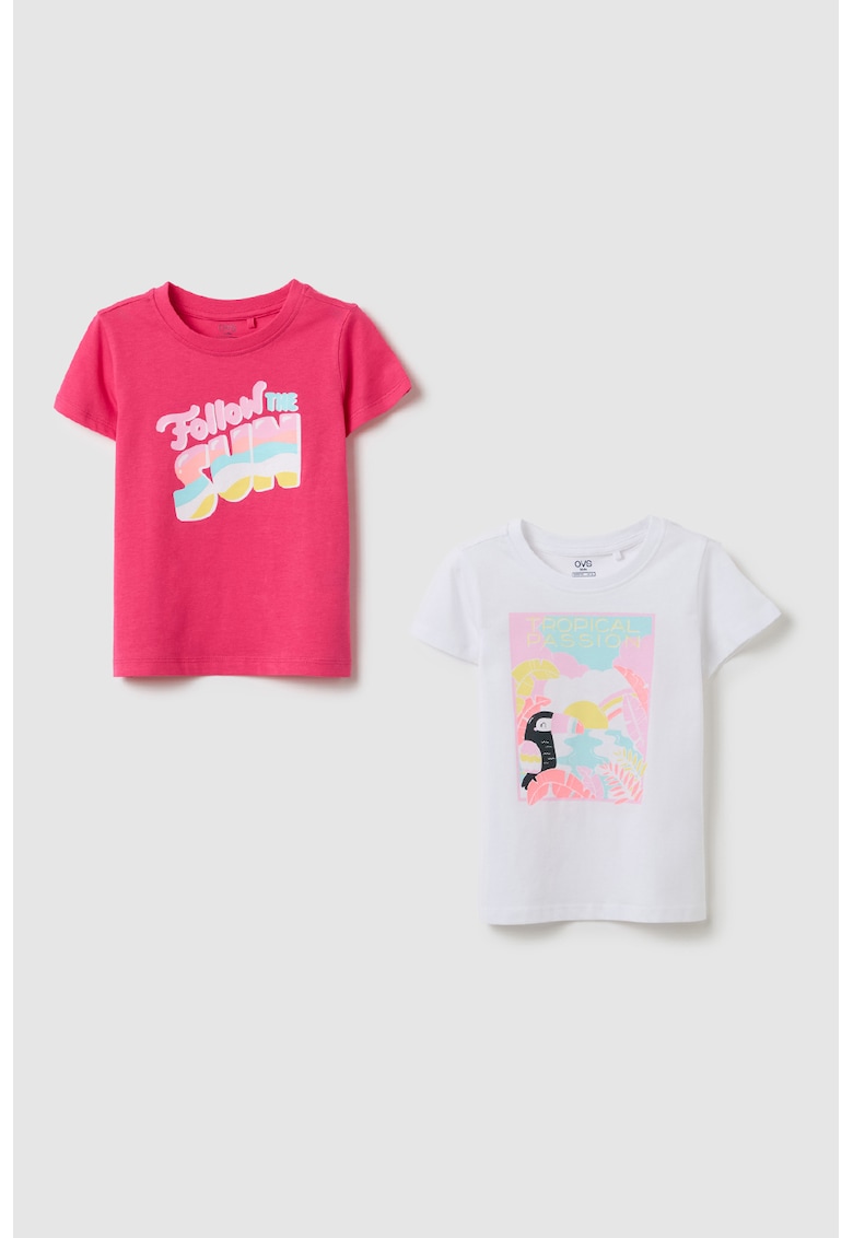 Set de tricouri cu decolteu la baza gatului si imprimeu - 2 piese - Negru/Galben/Roz aprins