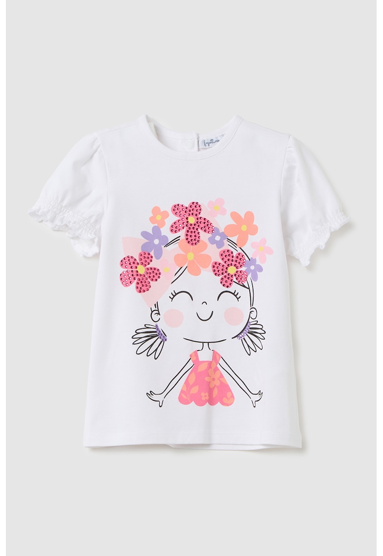 Tricou cu imprimeu grafic si fenta cu capse - Alb optic