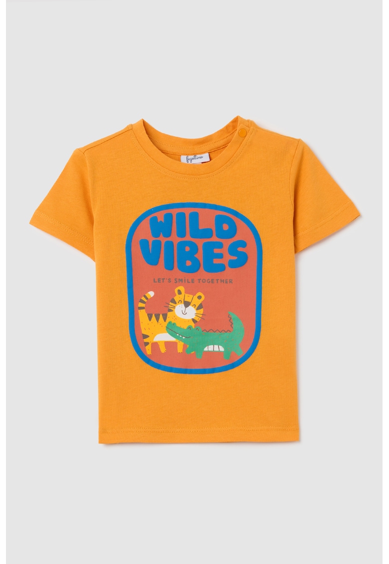 Tricou cu imprimeu grafic si fenta cu capse - Portocaliu/Albastru royal