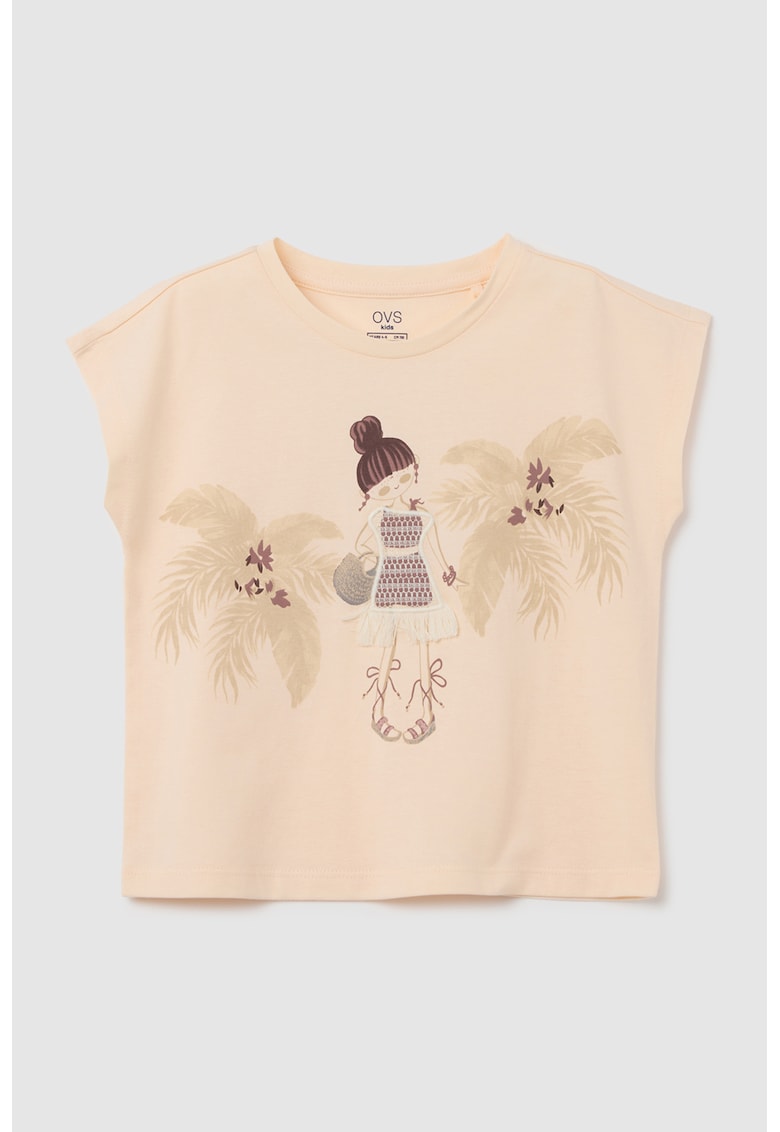 Tricou din bumbac cu imprimeu si detaliu brodat