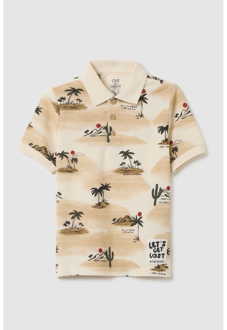 Tricou polo cu model - Maro taupe/Crem