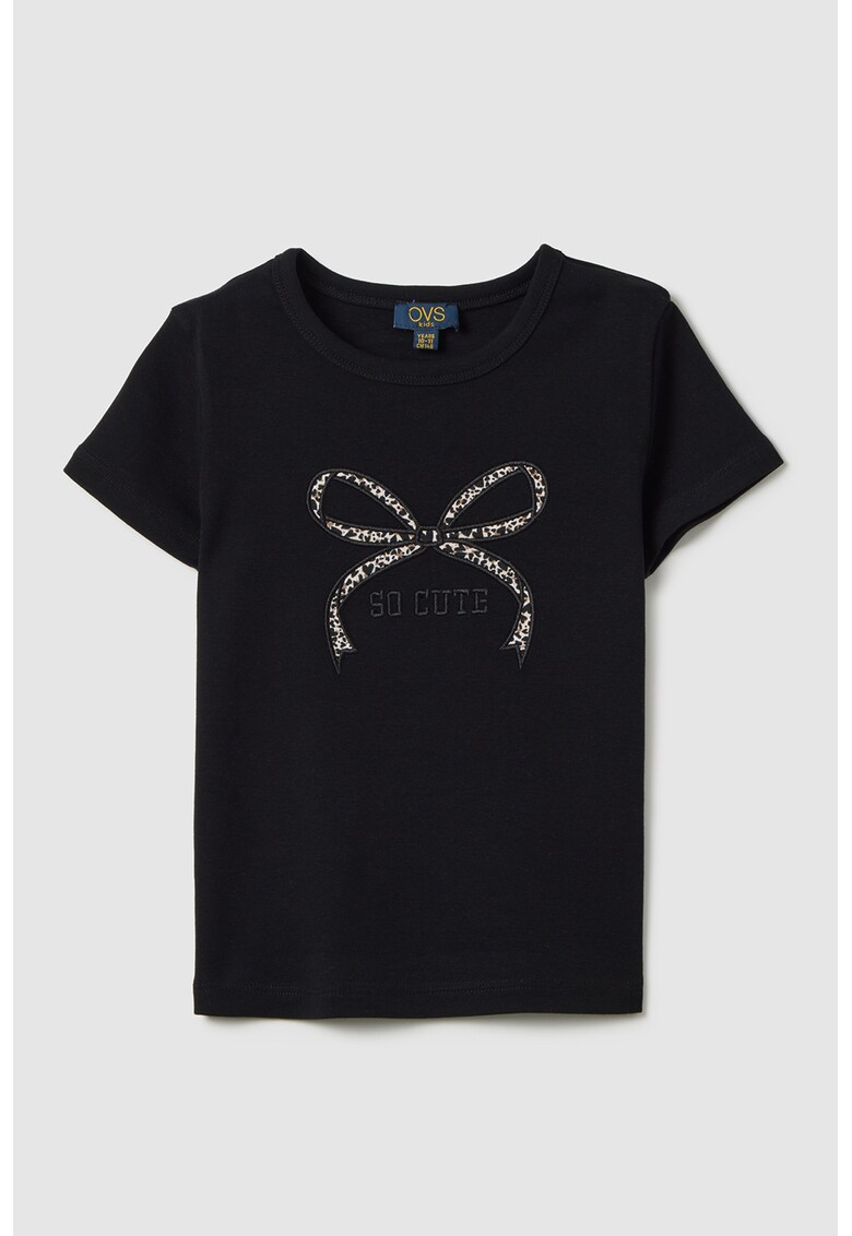 Tricou cu imprimeu si broderie text - Negru