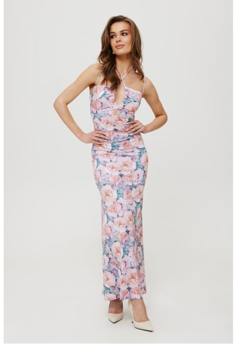 Rochie maxi imprimata cu cravata la decolteu -