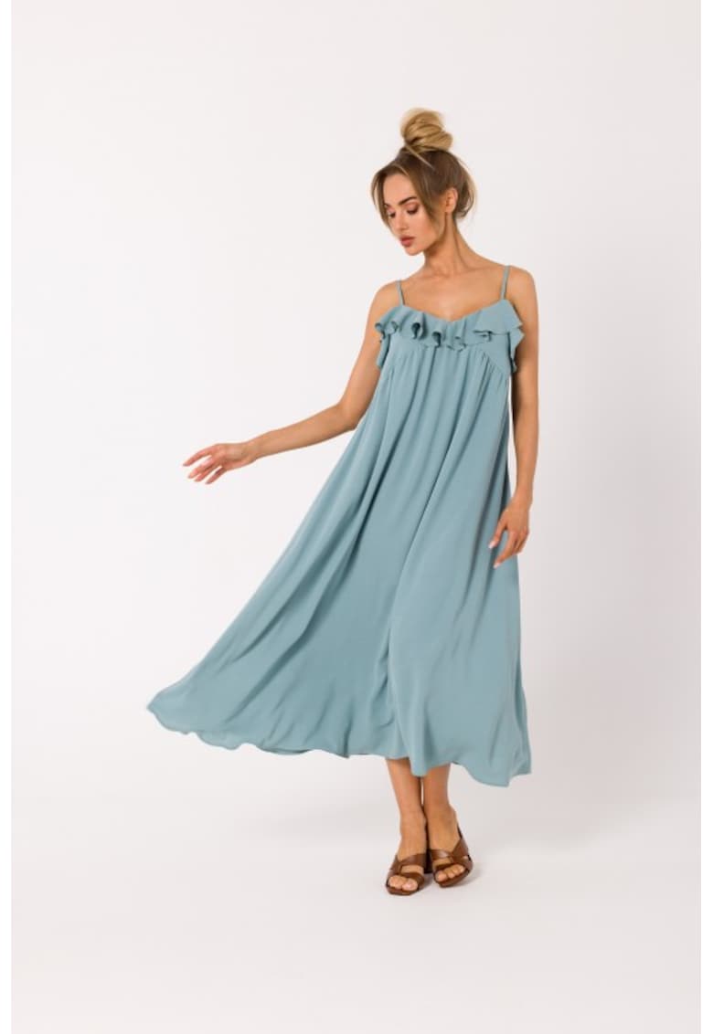 Rochie midi evazata cu bretele subtiri si volane -