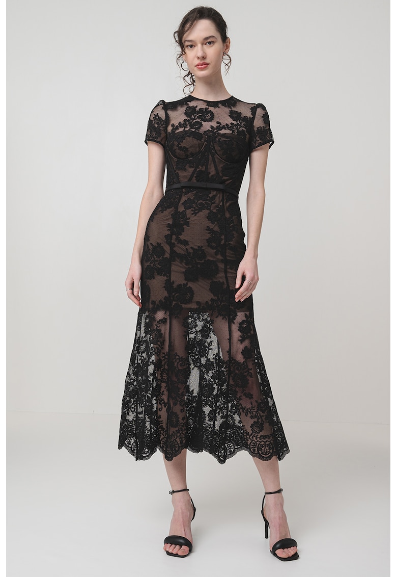 Rochie midi cu model floral si semitransparent si croiala pe bie