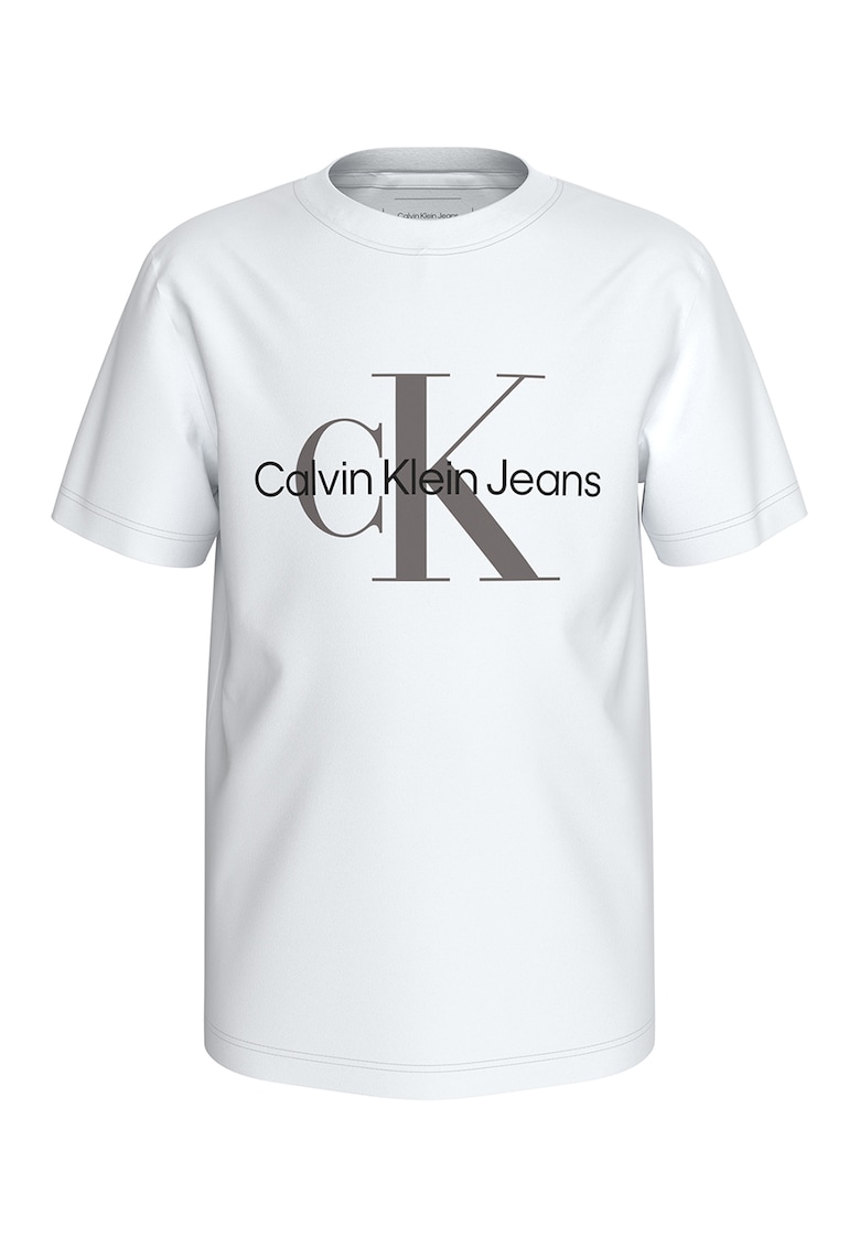 Tricou cu decolteu la baza gatului si imprimeu logo - Alb/Gri inchis