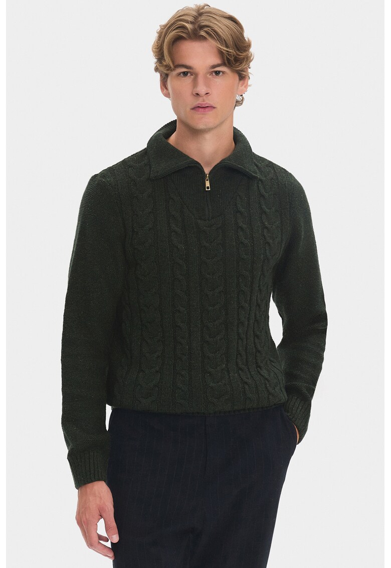 Pulover din amestec de lana cu model torsade si fenta cu fermoar